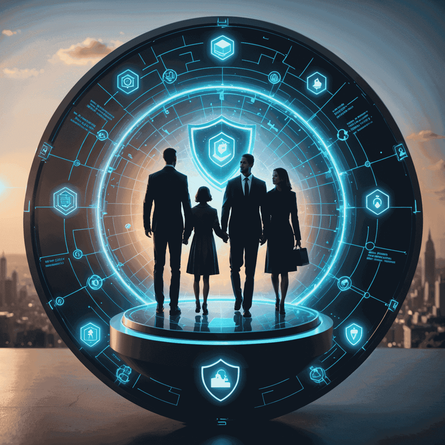 A futuristic representation of estate planning with holographic wills, digital asset icons, and a family silhouette protected by a glowing shield, symbolizing the security provided by CoreFirst Trust & Service