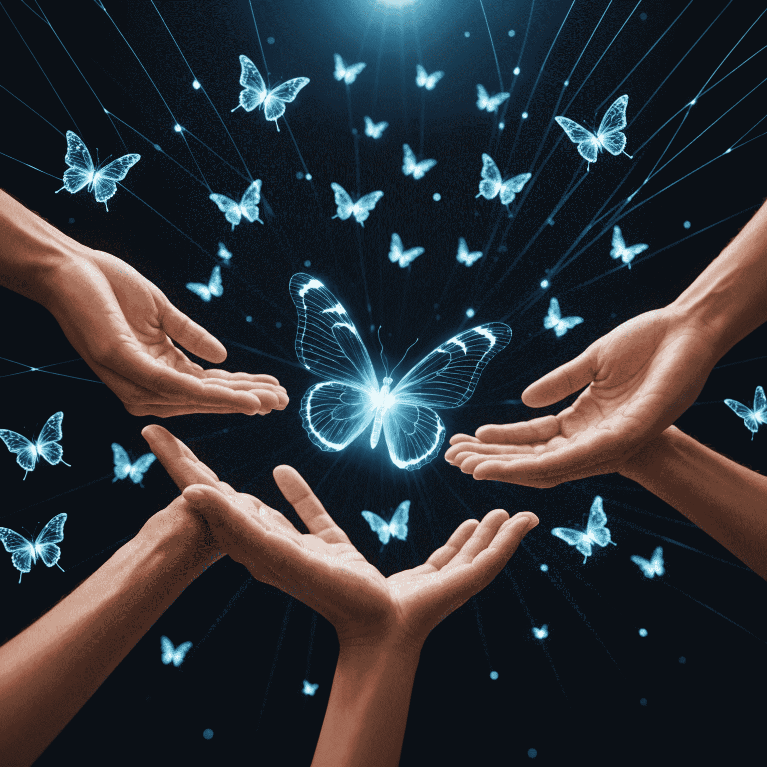 A digital representation of charitable giving, showing hands releasing glowing butterflies symbolizing donations. The image has high contrast with a futuristic overlay of connecting lines, representing the network of impact created by structured charitable giving.